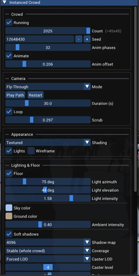 Crowd and camera settings