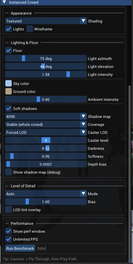 Appearance, lighting, LOD and performance settings