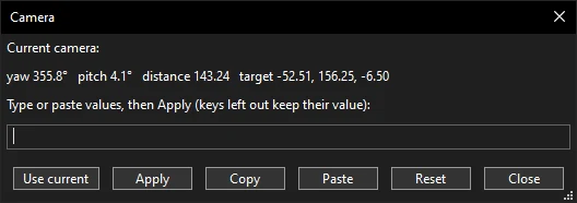 The Camera dialog: current camera, a text field and the buttons