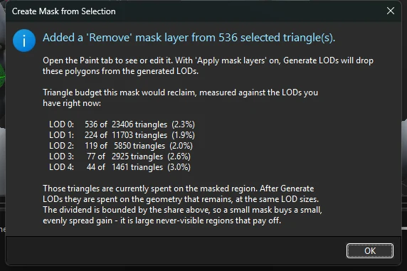 Create Mask from Selection confirmation with triangle counts per LOD