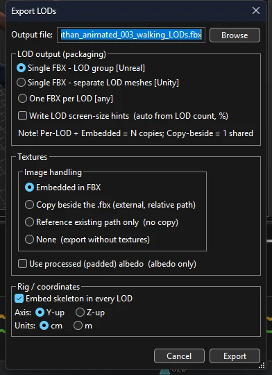 Export LODs dialog