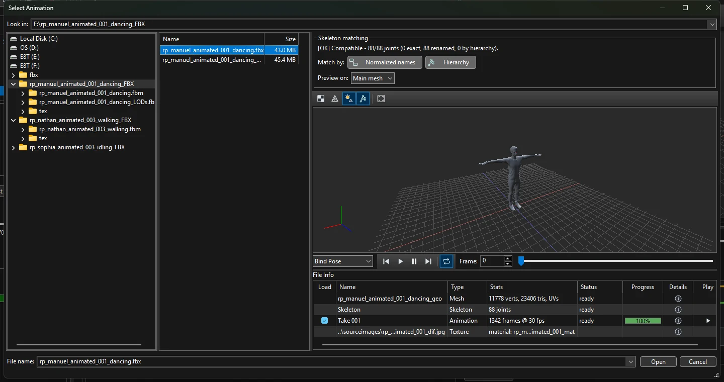Select Animation dialog with skeleton matching