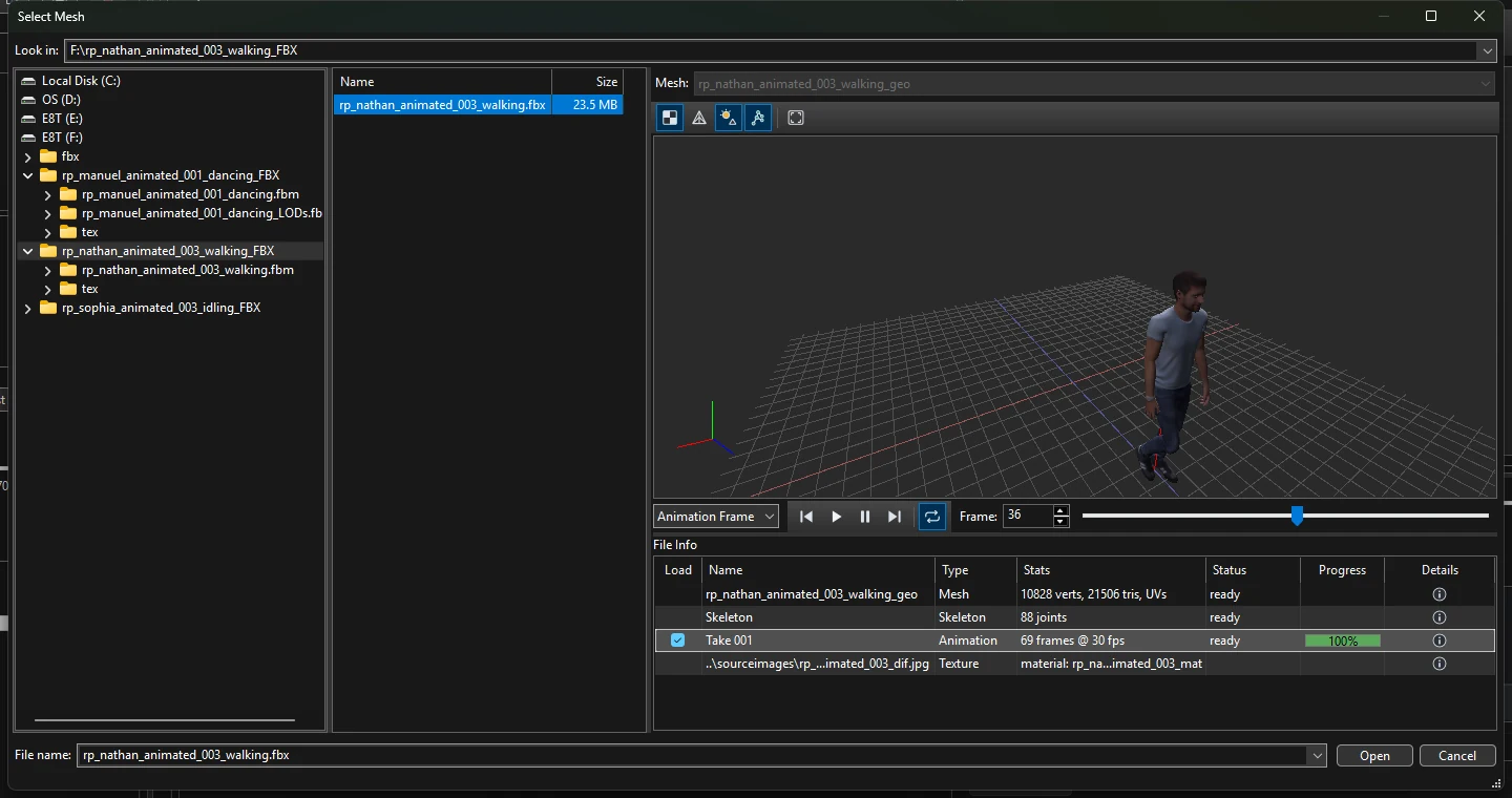 Walking animation playing in the preview