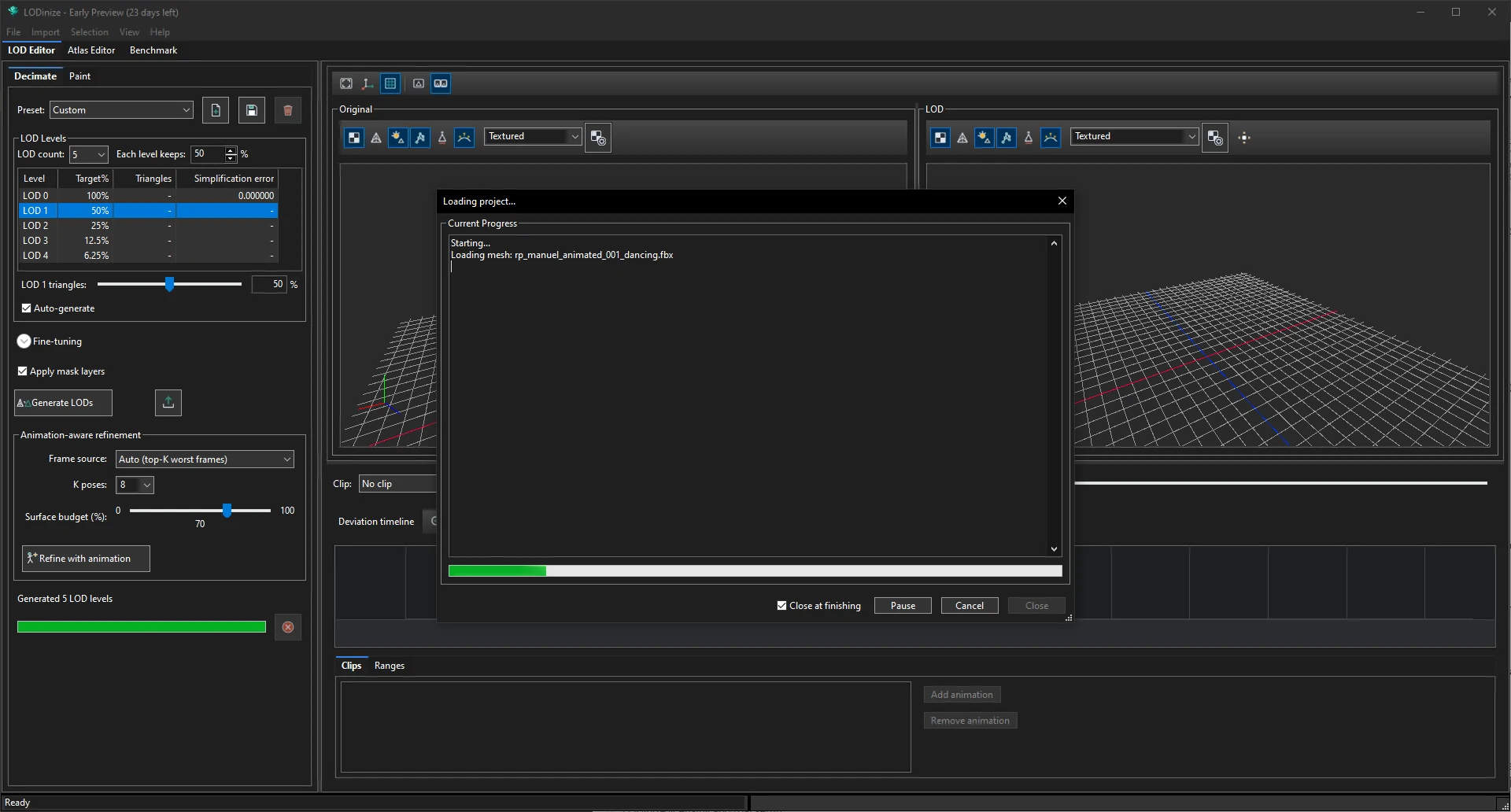 Loading project progress window