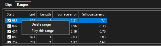Right-click menu of a range: Delete range, Play this range