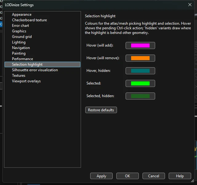 Selection highlight settings