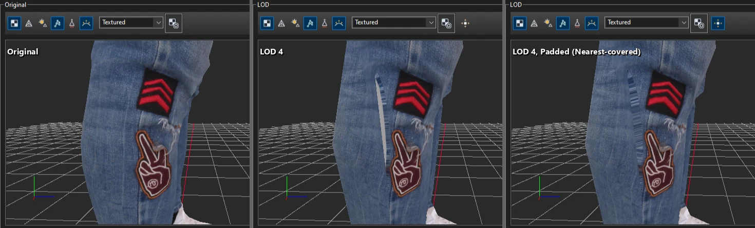 Original, LOD 4 and LOD 4 after Nearest-covered