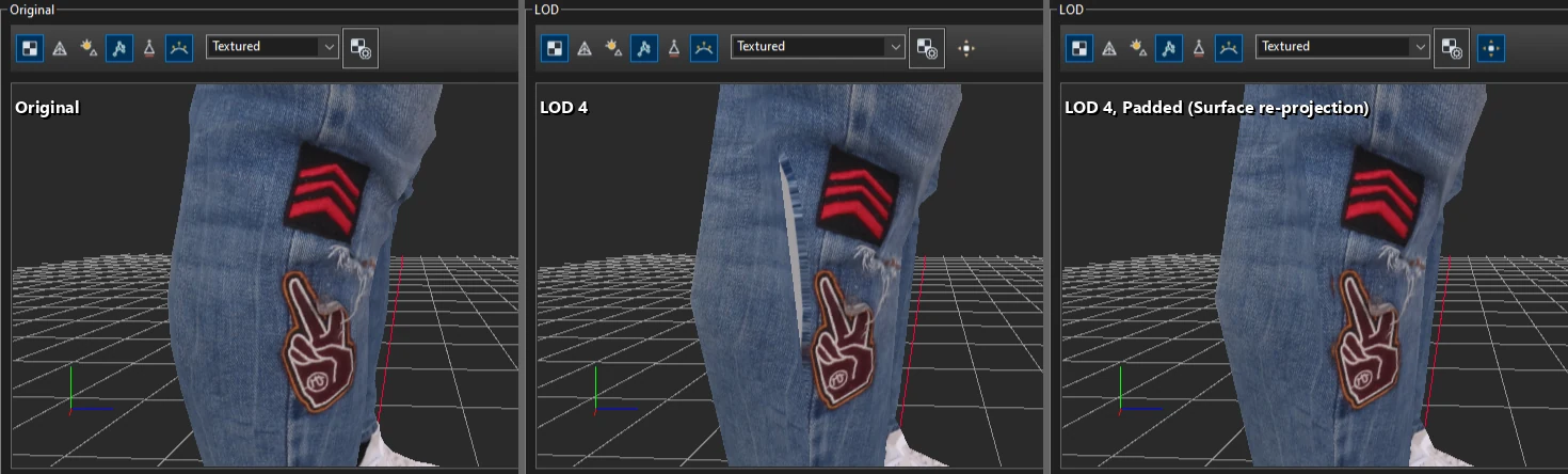 Original, LOD 4 and LOD 4 after Surface re-projection
