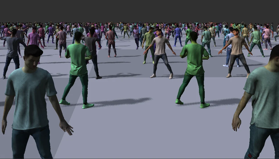 A crowd of animated characters on a plain floor, rendered by the Benchmark window.