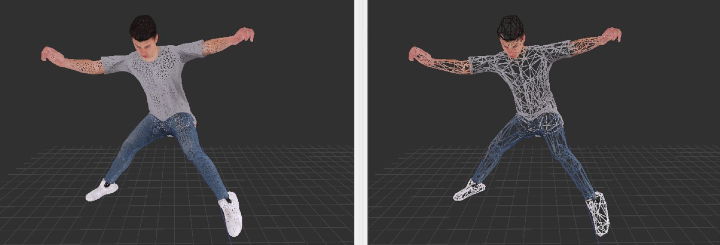 Wireframe view of the same comparison, showing the dense original mesh and the much lighter generated LOD mesh.