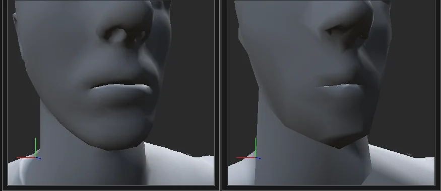 Close-up of a face: the original on the left and a LOD on the right that kept the lips, thanks to a mask.
