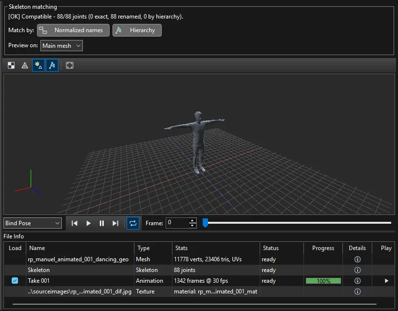 The Select Animation dialog with a file list, a skeleton-matching report showing 88 of 88 joints compatible, and a preview of the character.