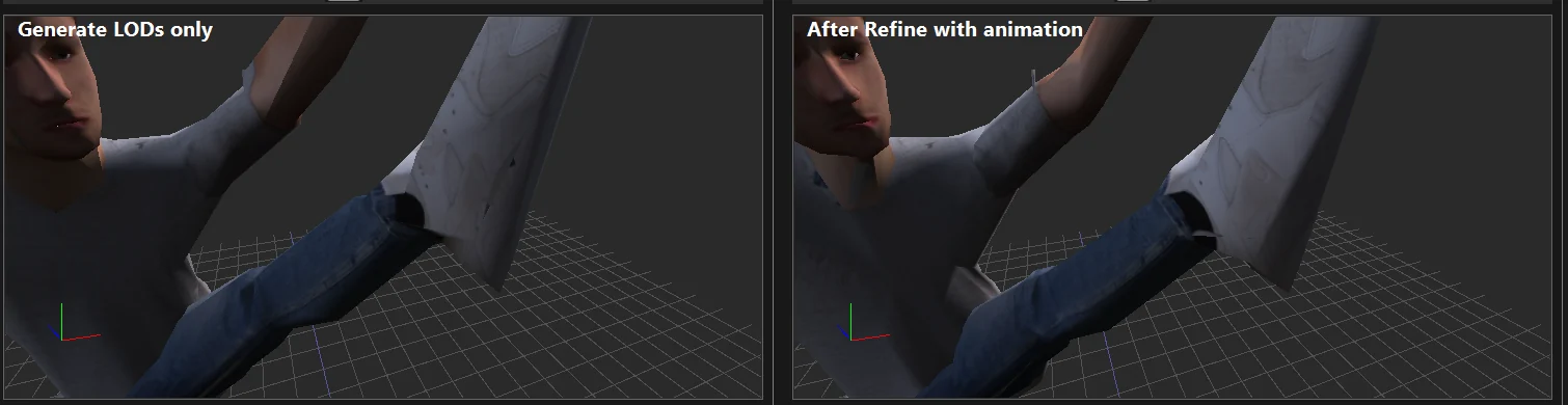 Close-up of a raised leg: on the left the LOD from Generate LODs only, on the right the same LOD after Refine with animation, where the ankle and shoe keep more volume.